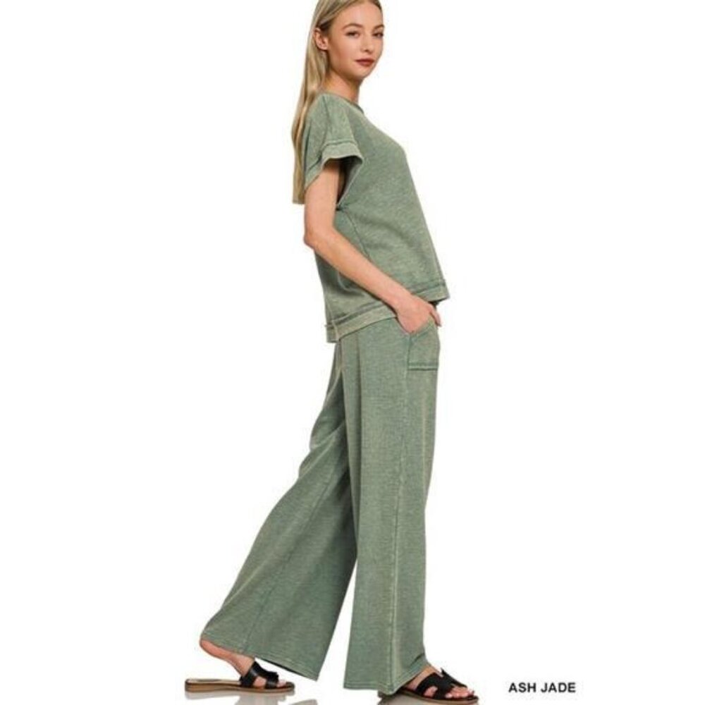 Zenana‎ Washed Slub Short Sleeve Tee & Long Pants Set - Picture 2 of 3